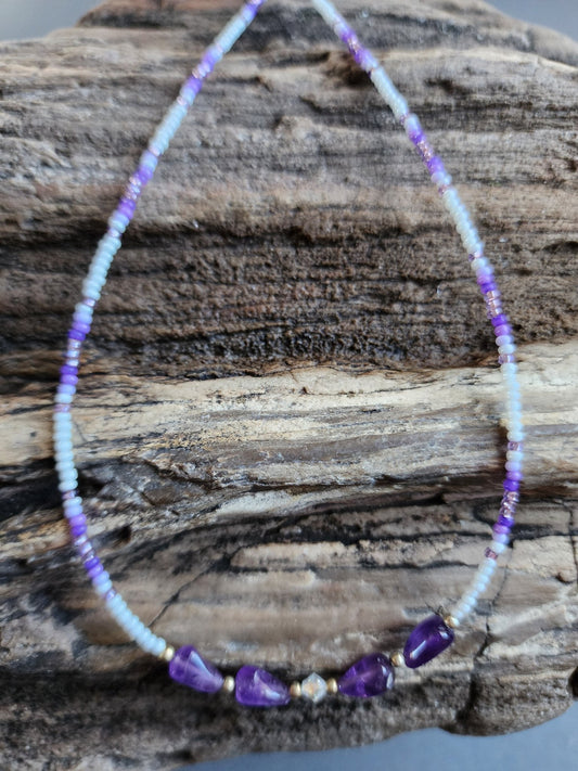 B - 010 Beaded Necklace "Amethyst Snow" - Twiss Gallery